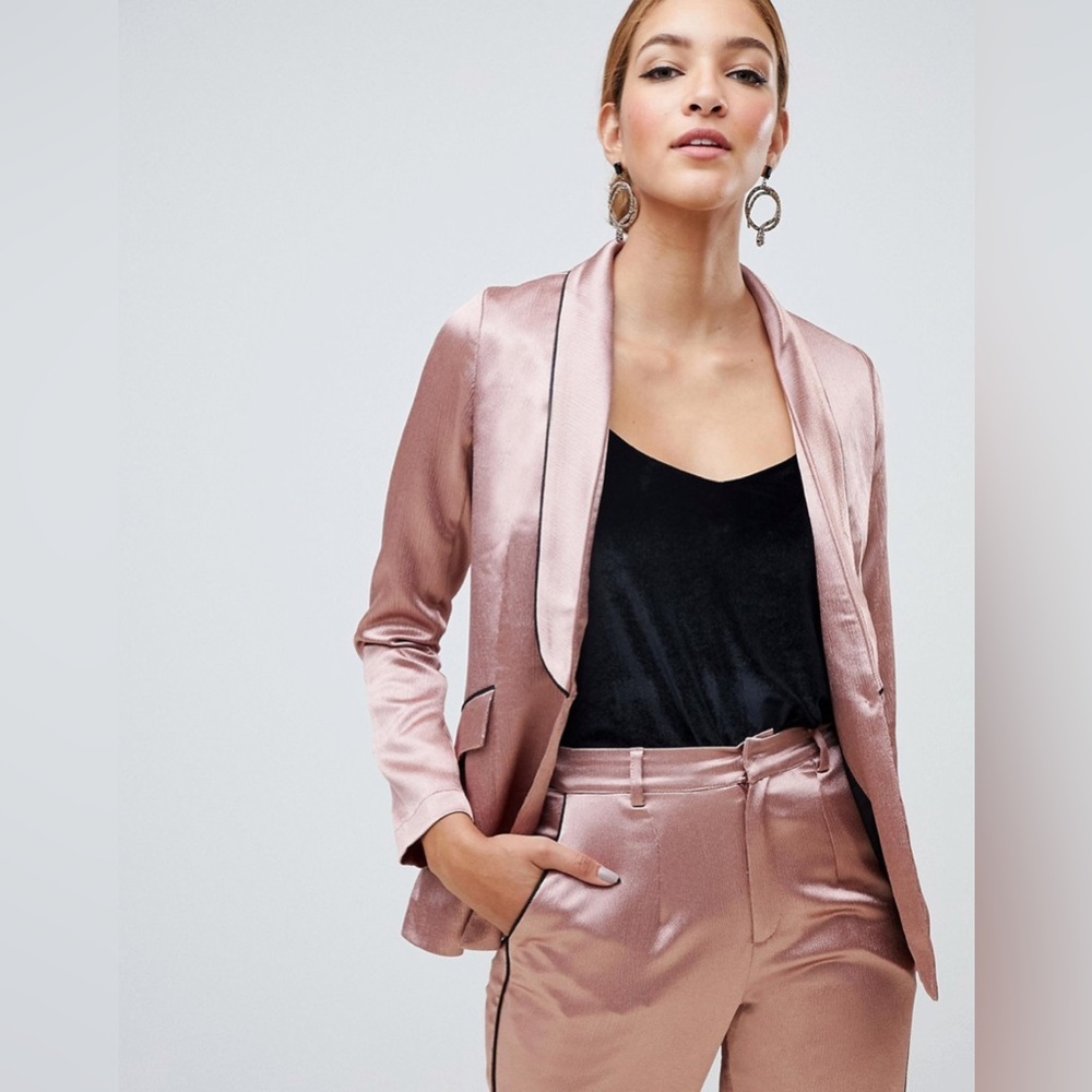 Little Mistress Satin Blazer With Contrast Piping In Copper - size 4